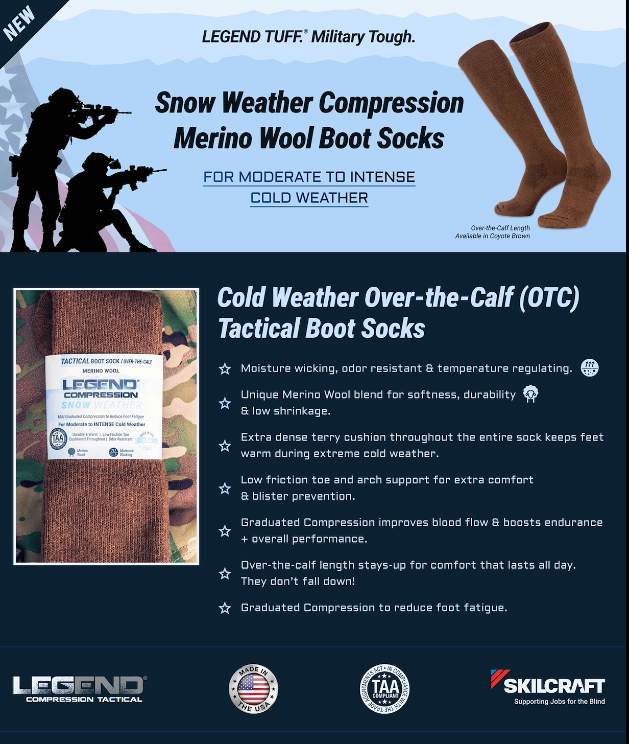 LEGEND® (Snow Weather) Compression OTC Merino Wool Tactical Boot Socks- Unisex